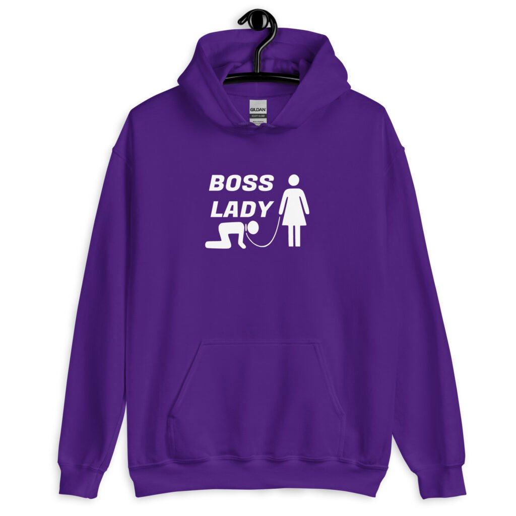 Purple hoodie sweatshirt with graphic of collared and leashed man on his hands and knees being led by a woman and the text 'Boss Lady' printed on the front.