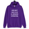 Purple hoodie sweatshirt with the hood up covering some of her face. The hoodie has the text 'Voted most likely to die of autoerotic asphyxiation.' printed on the front.
