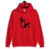 Red bdsm power dynamic hoodie with the image of a silhouette of a man on his hands and knees and a dominatrix holding his leash printed on the front.