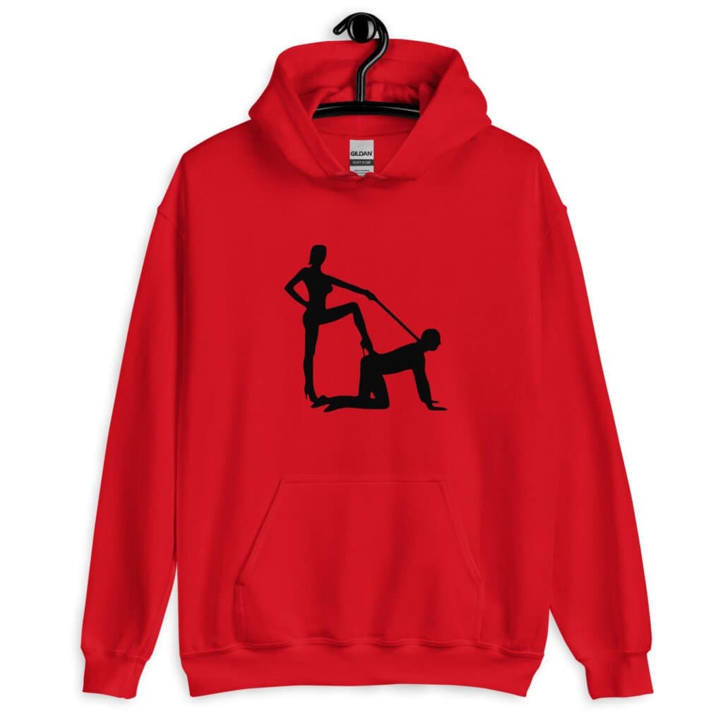 Red bdsm power dynamic hoodie with the image of a silhouette of a man on his hands and knees and a dominatrix holding his leash printed on the front.