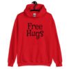Red hoodie sweatshirt with the text 'Free Hugs' printed on the front.