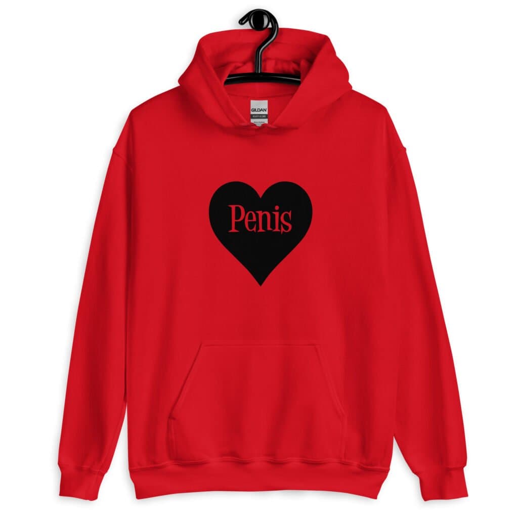 Red hoodie sweatshirt with a heart image printed on the front. The word 'Penis' is inside the heart.