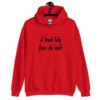 Red hoodie sweatshirt with the text 'A bound body frees the mind' printed on the front.