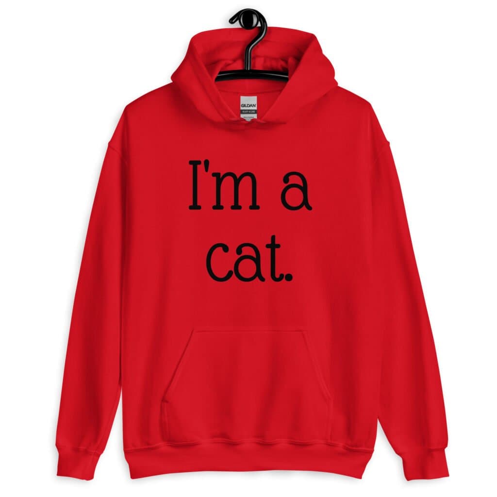 Red hoodie sweatshirt with the text 'I'm a cat' printed on the front.