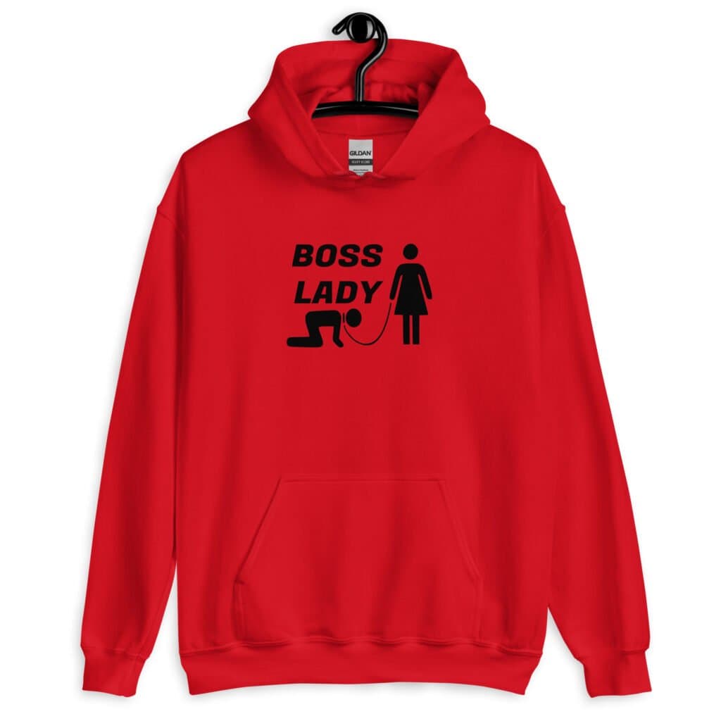 Red hoodie sweatshirt with graphic of collared and leashed man on his hands and knees being led by a woman and the text 'Boss Lady' printed on the front.