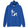 Royal blue bdsm power dynamic hoodie with the image of a silhouette of a man on his hands and knees and a dominatrix holding his leash printed on the front.