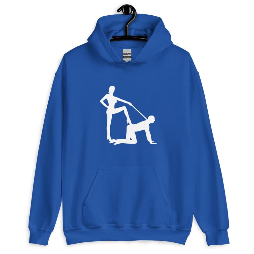 Royal blue bdsm power dynamic hoodie with the image of a silhouette of a man on his hands and knees and a dominatrix holding his leash printed on the front.