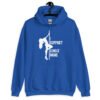 Royal blue stripper humor hoodie sweatshirt with image of pole dancer and the text 'I support single moms' printed on the front.