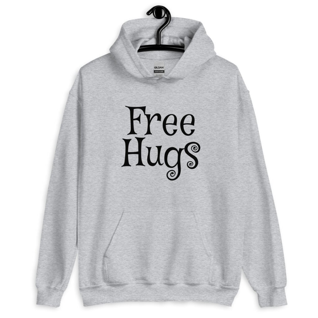 Sport grey hoodie sweatshirt with the text 'Free Hugs' printed on the front.