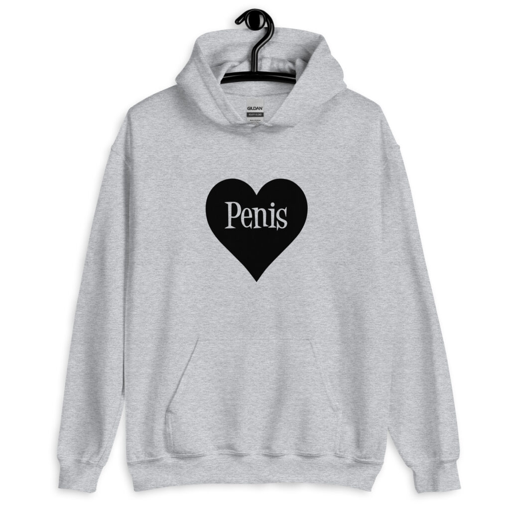 Sport grey hoodie sweatshirt with a heart image printed on the front. The word 'Penis' is inside the heart.