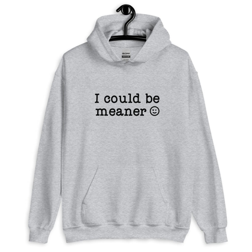 Sport grey hoodie sweatshirt with the text 'I could be meaner' printed on the front.