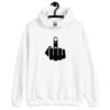 White hoodie sweatshirt with an image of middle finger silhouette printed on the front.