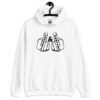 White hoodie sweatshirt with an image of 2 line drawing hands with the middle fingers up. The word 'Thoughts' is printed on one middle finger and the word 'Prayers' is printed on the other middle finger. The graphics are printed on the front.