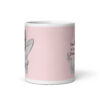 Pink and white ceramic coffee mug with an image of a retro black & white pin-up model and the text 'Satan is my Daddy' printed on both sides.