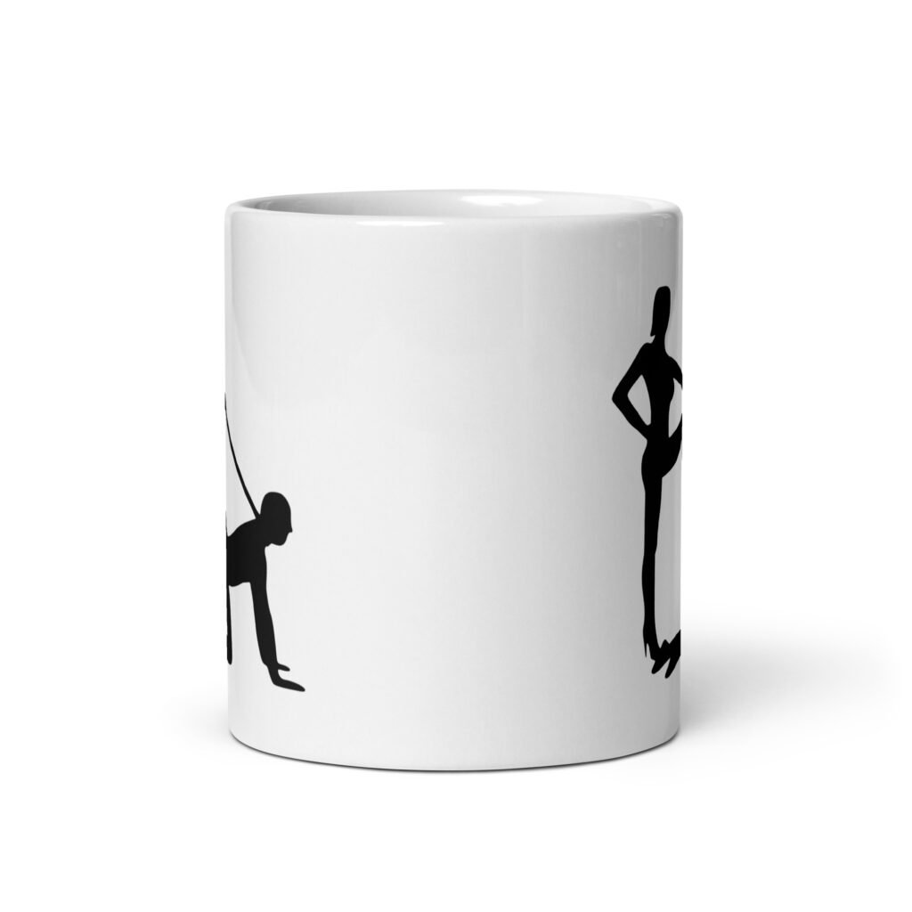 White ceramic bdsm power dynamic mug with the image of a silhouette of a man on his hands and knees and a dominatrix holding his leash printed on both sides.