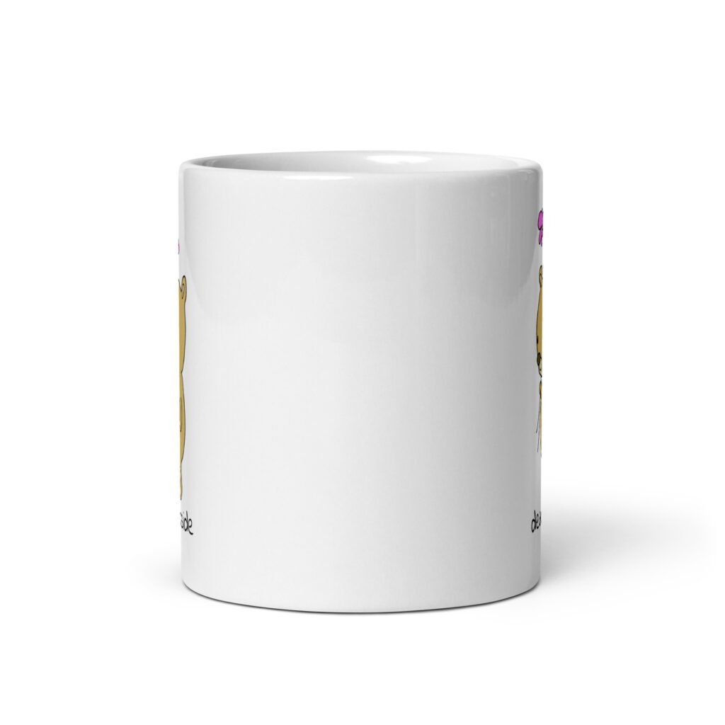 White ceramic coffee mug with an image of a cute bear holding 2 pink flowers. The words 'dead inside' are printed underneath the bear. The graphics are printed on both sides.