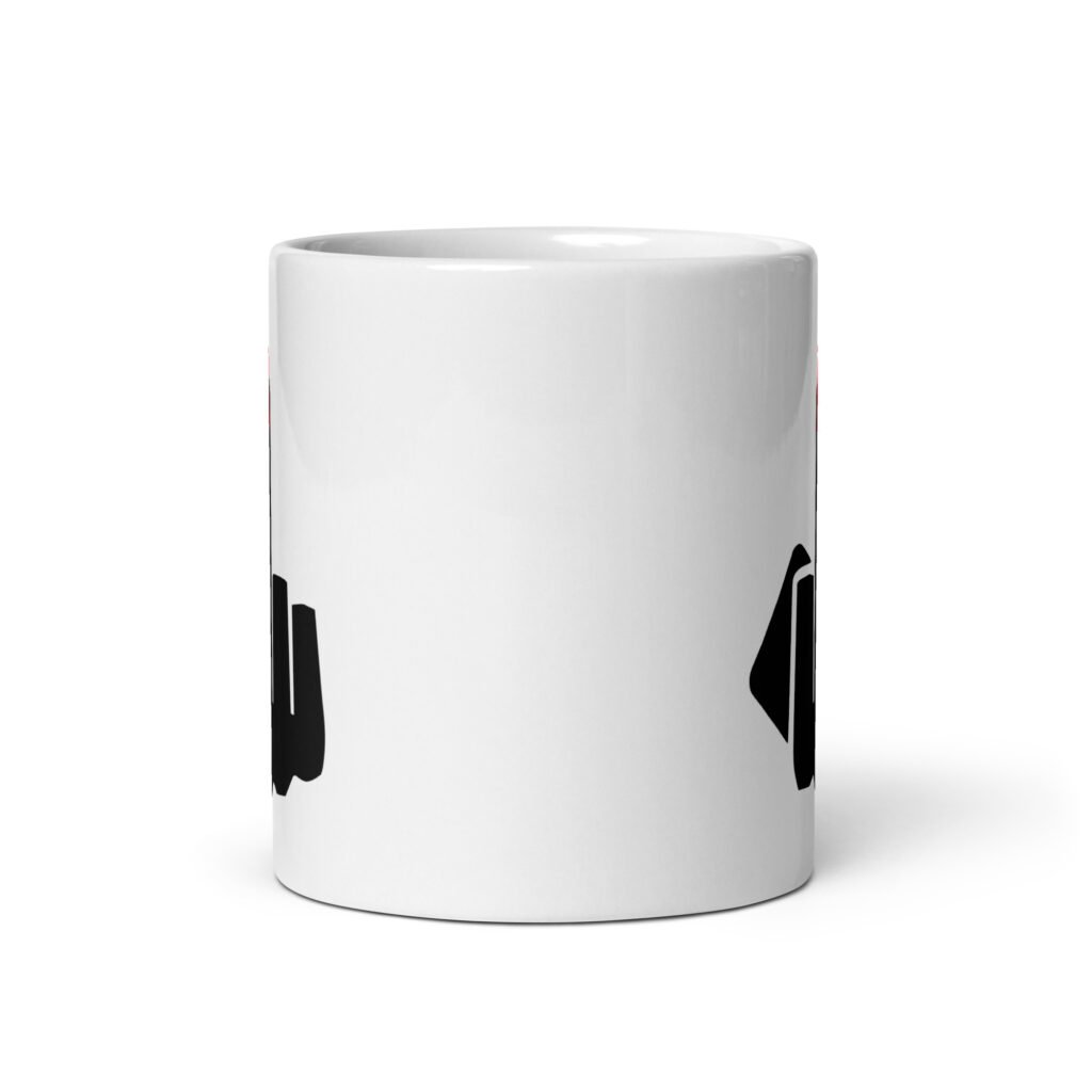White ceramic coffee mug with an image of a middle finger with long red fingernail silhouette printed on both sides.