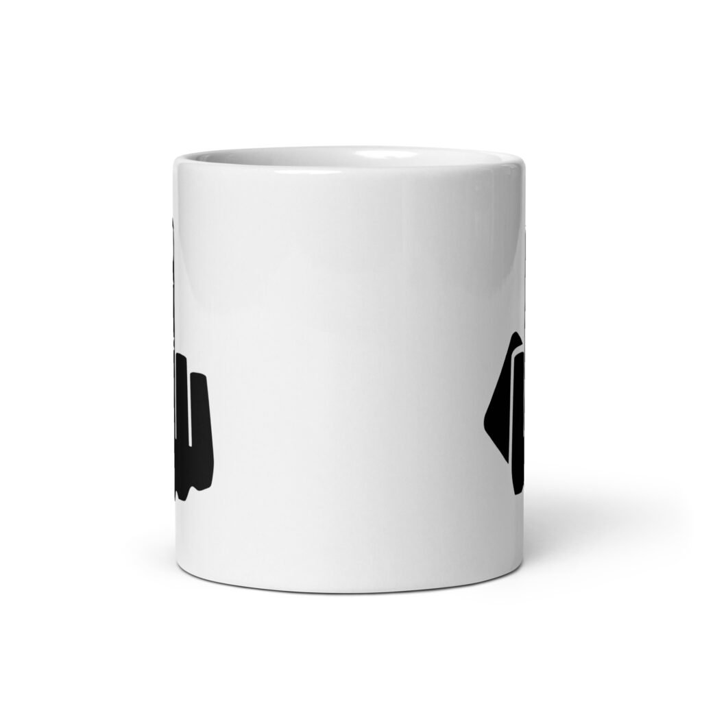 White ceramic coffee mug with an image of middle finger silhouette printed on both sides.