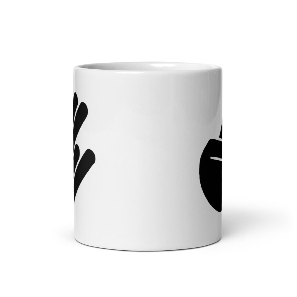 White ceramic coffee mug with the universal hand symbol for The Shocker printed on both sides of the mug.
