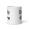 White ceramic coffee mug with an image of a key and the word 'Daddy' printed on both sides.