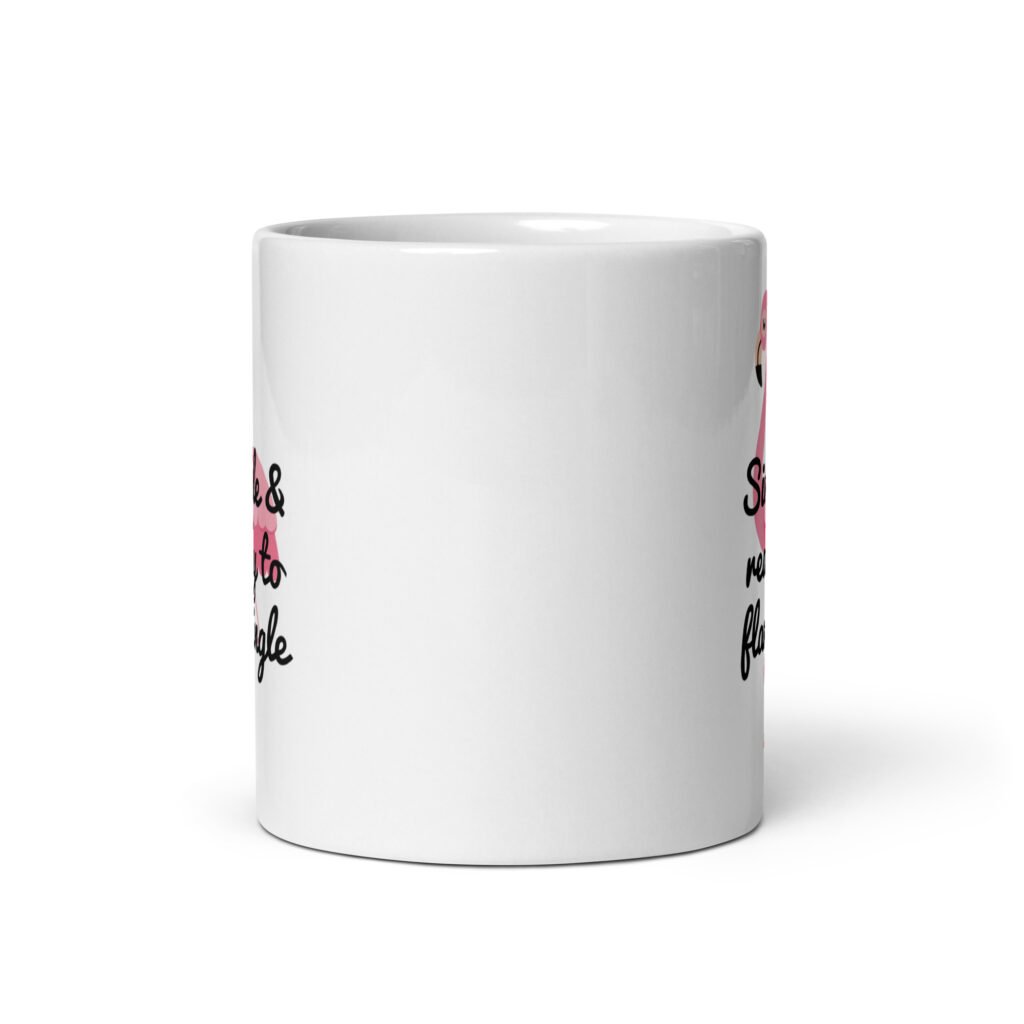 White ceramic coffee mug with an image of a flamingo and the text 'Single & ready to flamingle' printed on both sides.