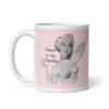 Pink and white ceramic coffee mug with an image of a retro black & white pin-up model and the text 'Satan is my Daddy' printed on both sides.