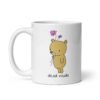 White ceramic coffee mug with an image of a cute bear holding 2 pink flowers. The words 'dead inside' are printed underneath the bear. The graphics are printed on both sides.