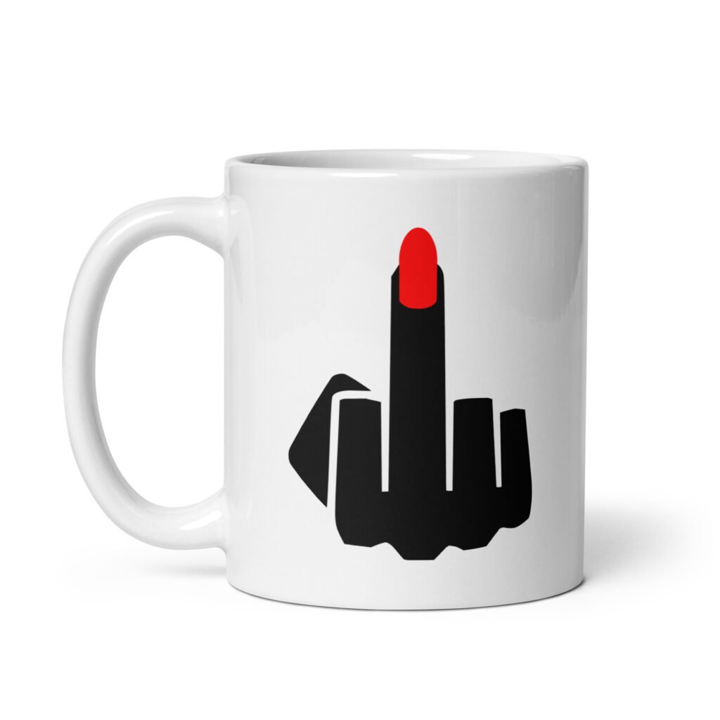 White ceramic coffee mug with an image of a middle finger with long red fingernail silhouette printed on both sides.
