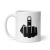 White ceramic coffee mug with an image of middle finger silhouette printed on both sides.