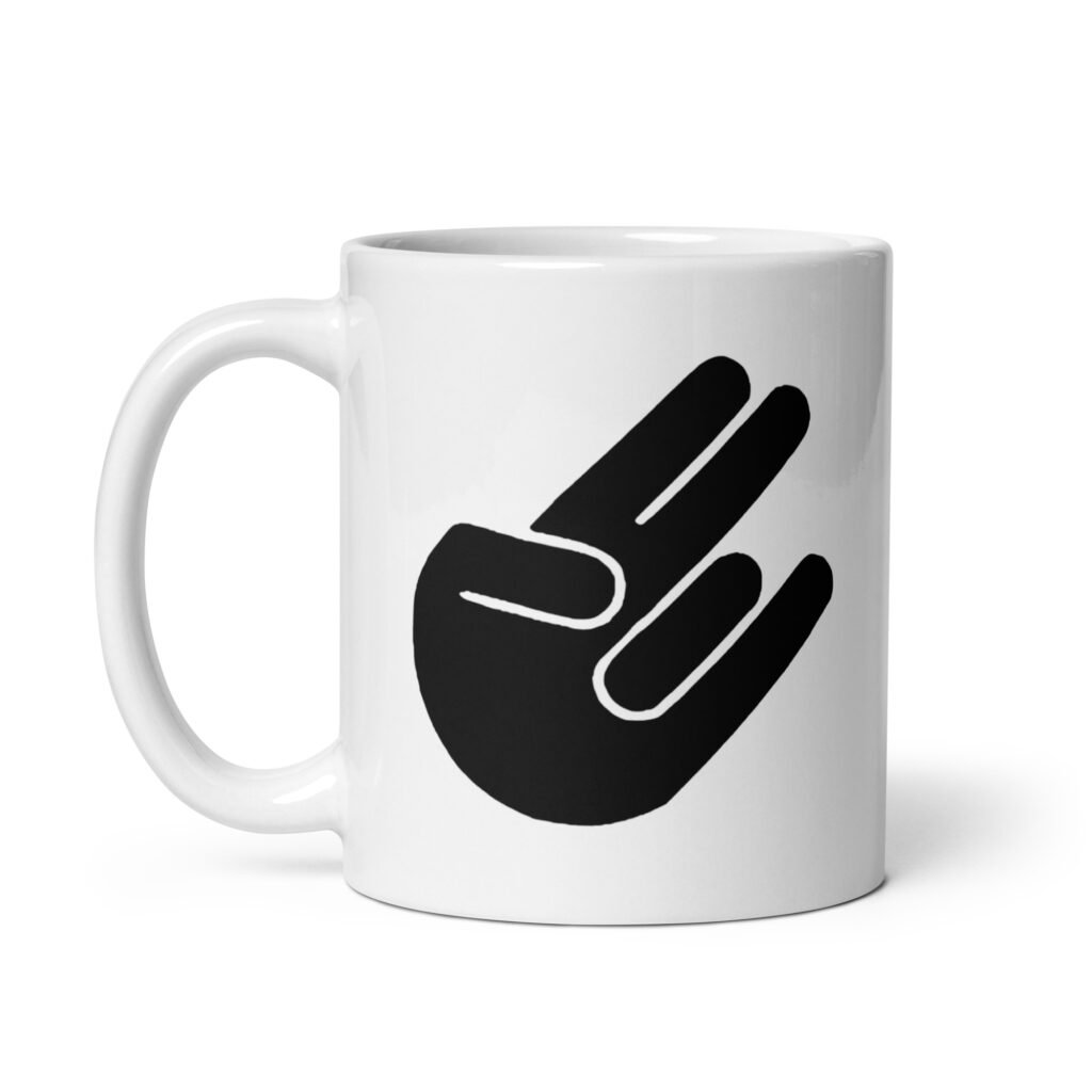 White ceramic coffee mug with the universal hand symbol for The Shocker printed on both sides of the mug.