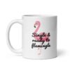 White ceramic coffee mug with an image of a flamingo and the text 'Single & ready to flamingle' printed on both sides.