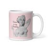 Pink and white ceramic coffee mug with an image of a retro black & white pin-up model and the text 'Satan is my Daddy' printed on both sides.