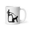 White ceramic bdsm power dynamic mug with the image of a silhouette of a man on his hands and knees and a dominatrix holding his leash printed on both sides.