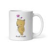 White ceramic coffee mug with an image of a cute bear holding 2 pink flowers. The words 'dead inside' are printed underneath the bear. The graphics are printed on both sides.