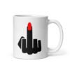 White ceramic coffee mug with an image of a middle finger with long red fingernail silhouette printed on both sides.