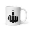 White ceramic coffee mug with an image of middle finger silhouette printed on both sides.