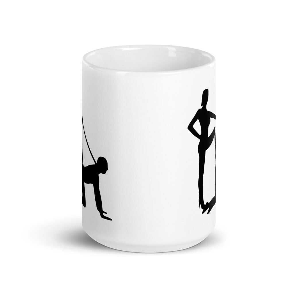 White ceramic bdsm power dynamic mug with the image of a silhouette of a man on his hands and knees and a dominatrix holding his leash printed on both sides.