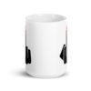 White ceramic coffee mug with an image of a middle finger with long red fingernail silhouette printed on both sides.