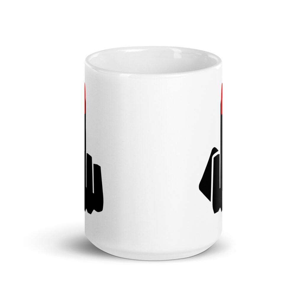 White ceramic coffee mug with an image of a middle finger with long red fingernail silhouette printed on both sides.