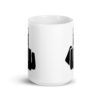 White ceramic coffee mug with an image of middle finger silhouette printed on both sides.