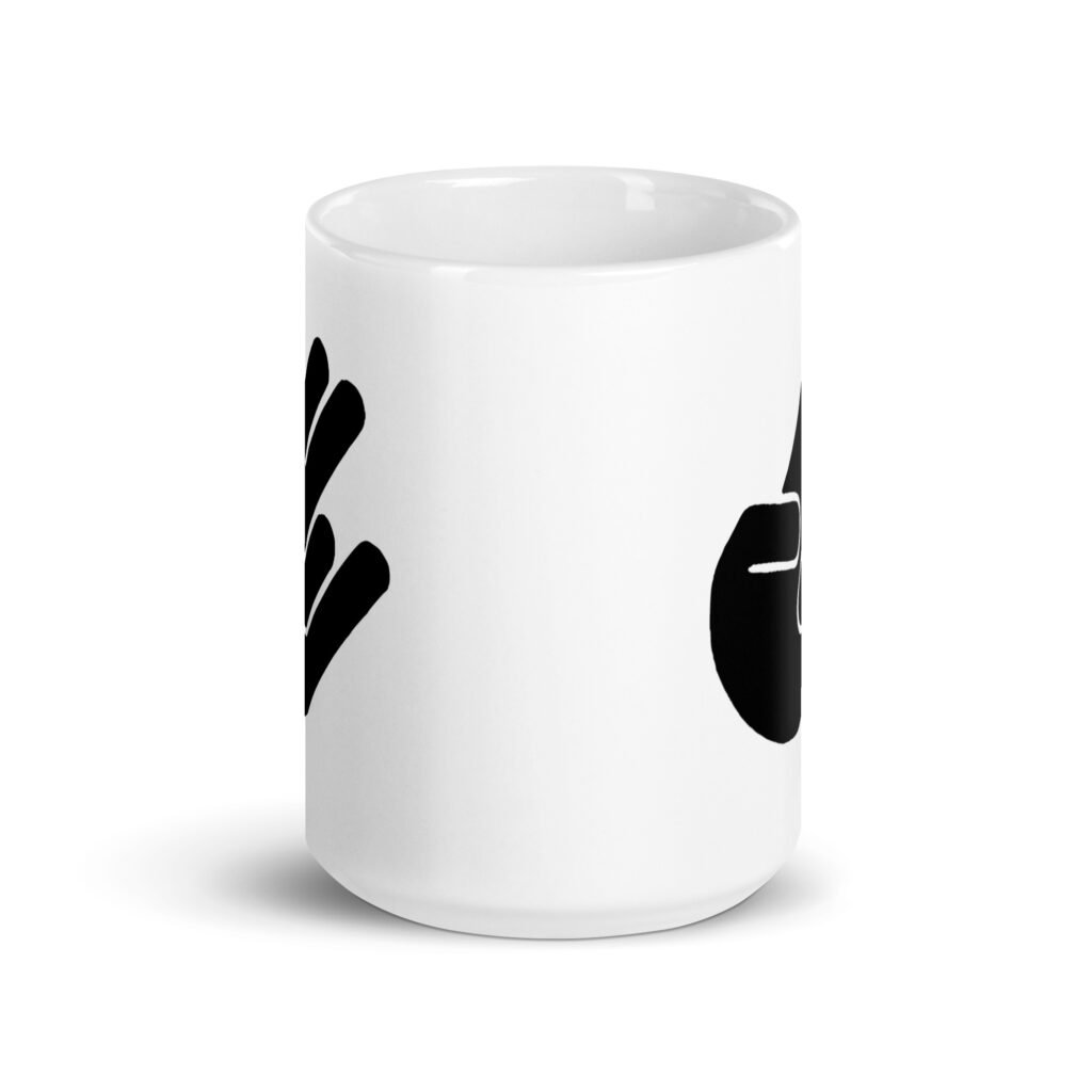 White ceramic coffee mug with the universal hand symbol for The Shocker printed on both sides of the mug.