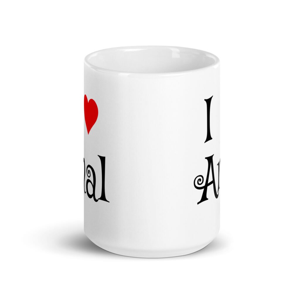 White ceramic coffee mug with the text 'I ❤️ anal' printed on both sides.