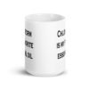 White ceramic coffee mug with the text 'Chloroform is my favorite essential oil' printed on both sides.