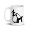 White ceramic bdsm power dynamic mug with the image of a silhouette of a man on his hands and knees and a dominatrix holding his leash printed on both sides.