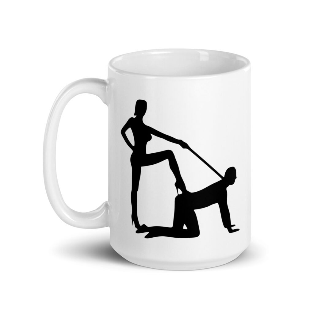 White ceramic bdsm power dynamic mug with the image of a silhouette of a man on his hands and knees and a dominatrix holding his leash printed on both sides.