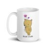 White ceramic coffee mug with an image of a cute bear holding 2 pink flowers. The words 'dead inside' are printed underneath the bear. The graphics are printed on both sides.