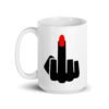 White ceramic coffee mug with an image of a middle finger with long red fingernail silhouette printed on both sides.