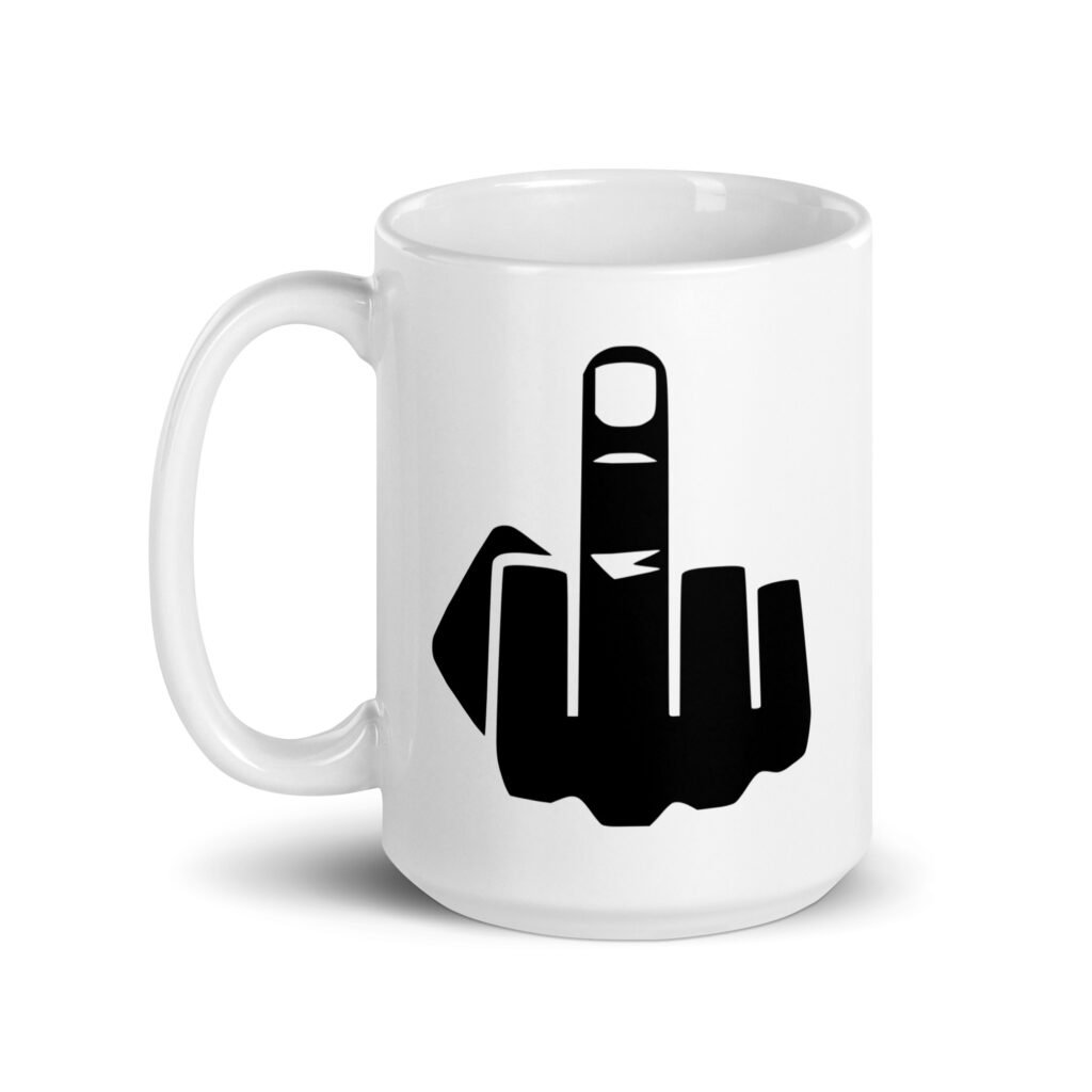 White ceramic coffee mug with an image of middle finger silhouette printed on both sides.