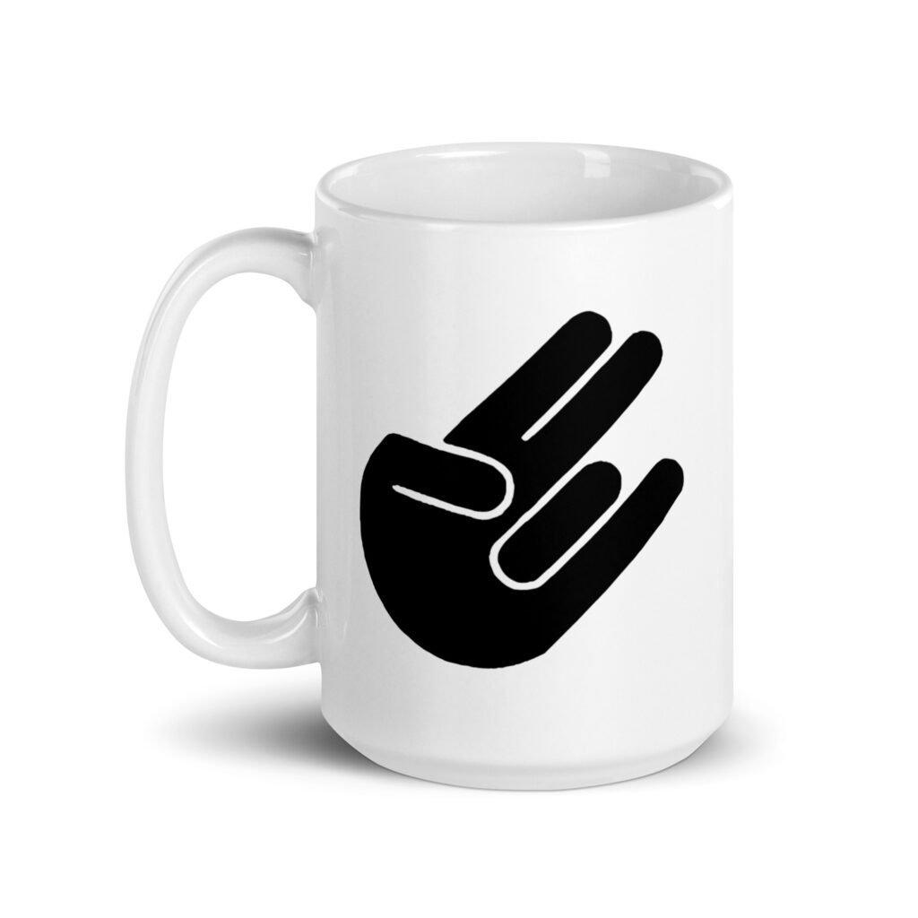White ceramic coffee mug with the universal hand symbol for The Shocker printed on both sides of the mug.