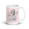 Pink and white ceramic coffee mug with an image of a retro black & white pin-up model and the text 'Satan is my Daddy' printed on both sides.